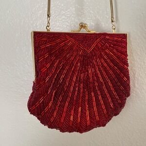 Vintage Red Beaded Clutch Purse | Gold Frame & Snake Chain Strap | Art Deco